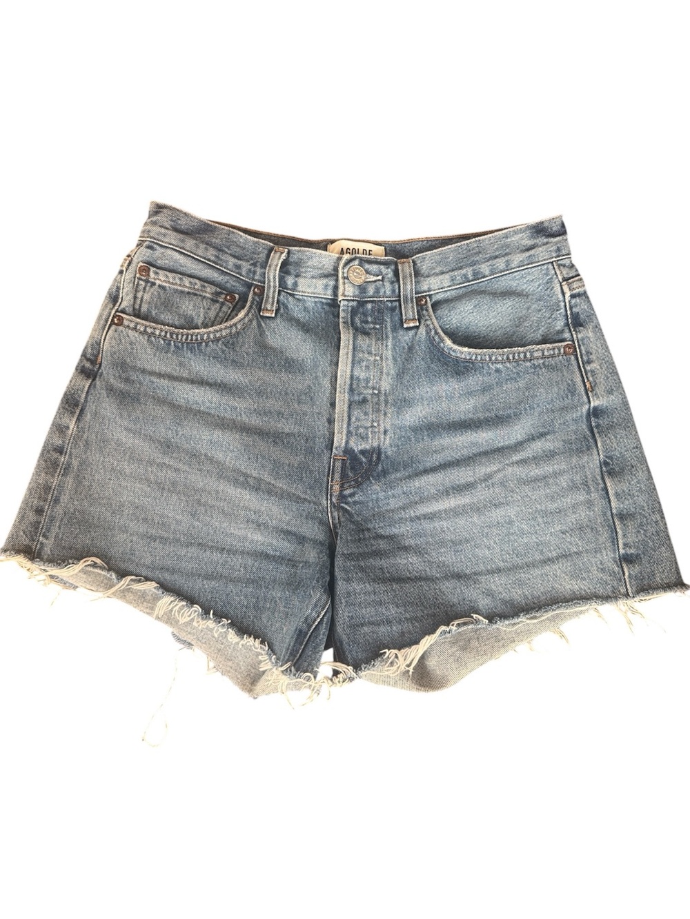 Agolde Light Wash High-Rise Button Fly Frayed Denim 4" Shorts size 26 Festival